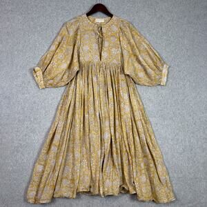 Daughters Of India Yellow Floral Cumin Kyra Midi Dress Size Small